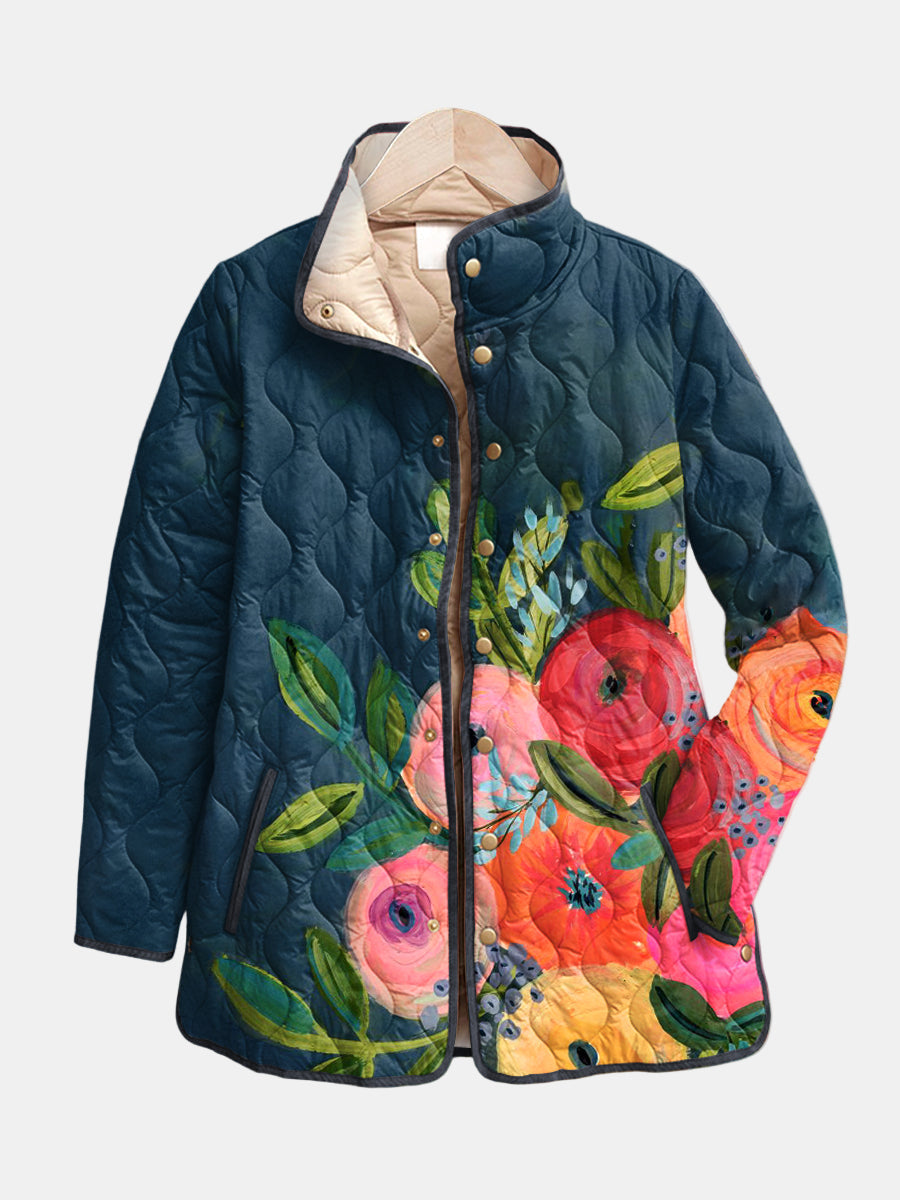 Camille | Gesteppte Jacke mit gemalten Blumen – Nachtblau mit Blumen