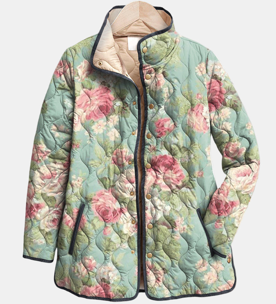 Clara | Gesteppte Jacke mit Vintage-Rosen – Salbeigrün mit Blumen