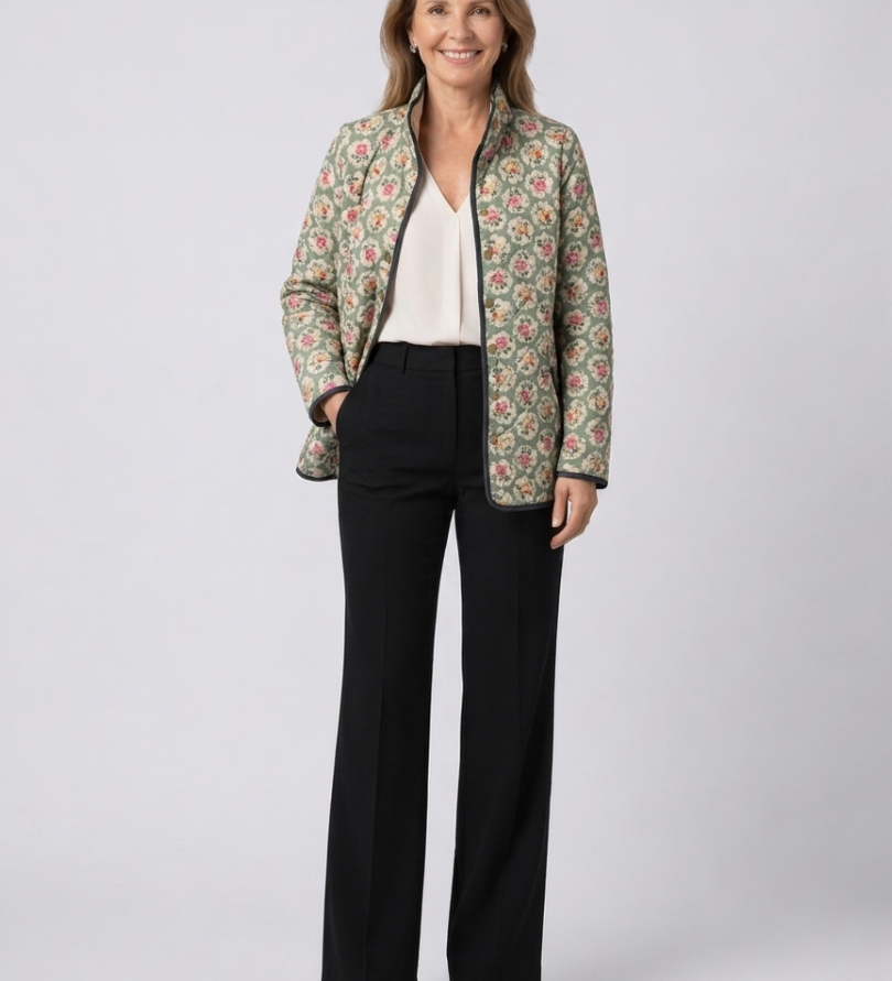 Amélie | Gesteppte Jacke mit Blumenmuster – Mandelgrün mit Blumen