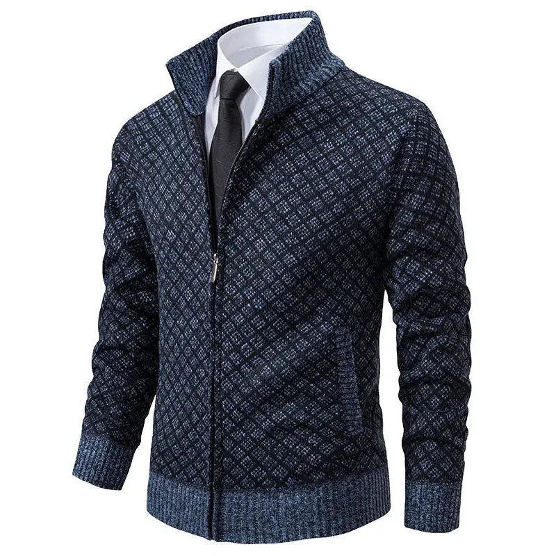 Men's zip-up knit Jacke with geometric pattern and ribbed cuffs