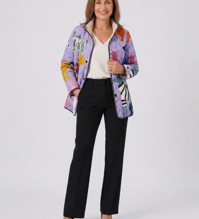 Michèle | Gesteppte Jacke mit kleinen Hunden – Flieder mit Print