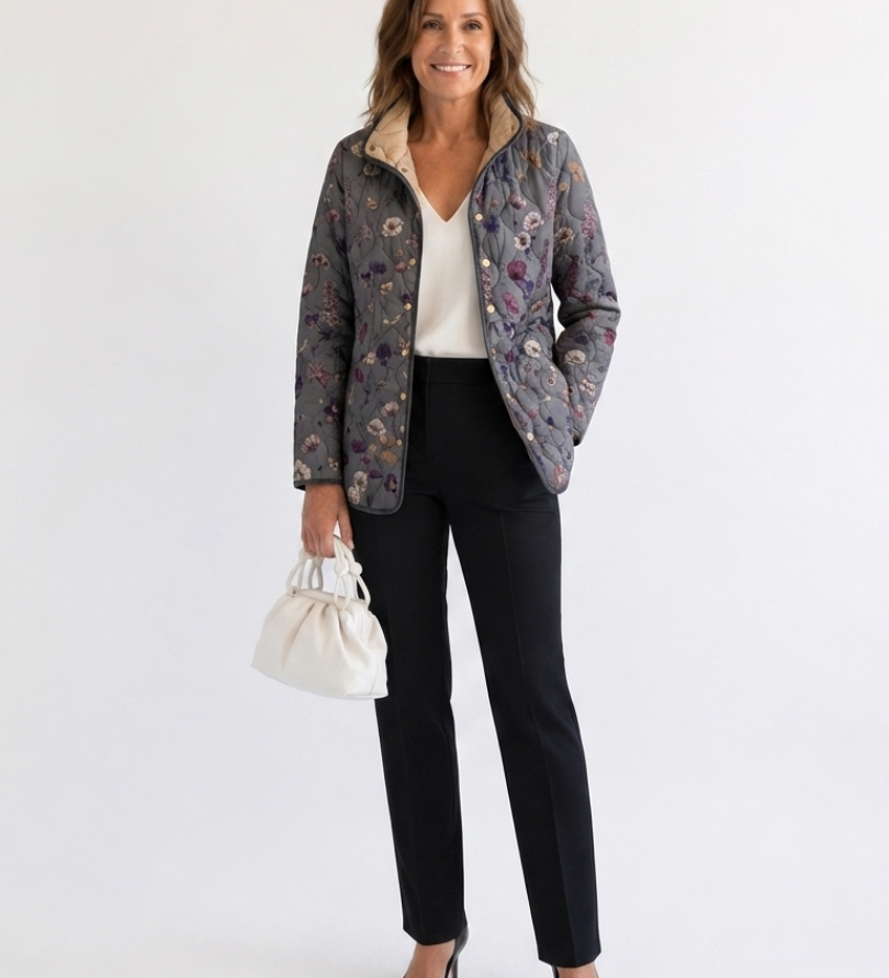 Nathalie | Gesteppte Jacke mit Trockenblumen – Grau mit Trockenblumen