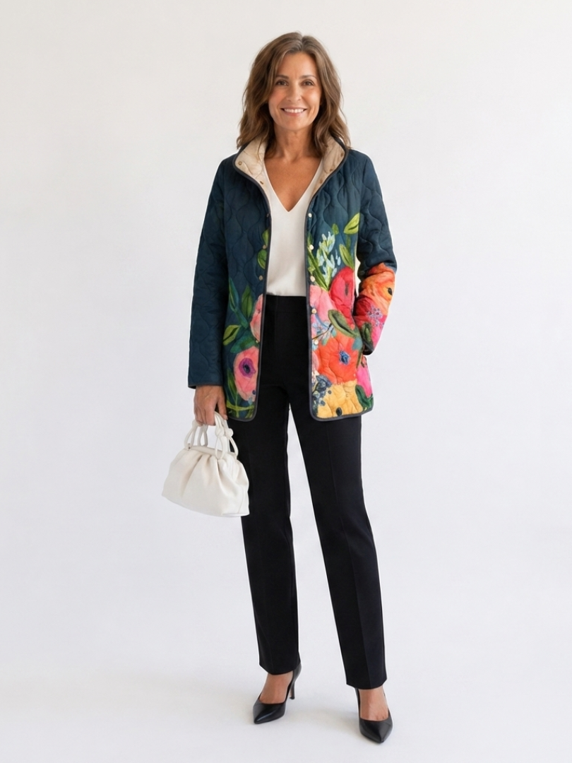 Camille | Gesteppte Jacke mit gemalten Blumen – Nachtblau mit Blumen