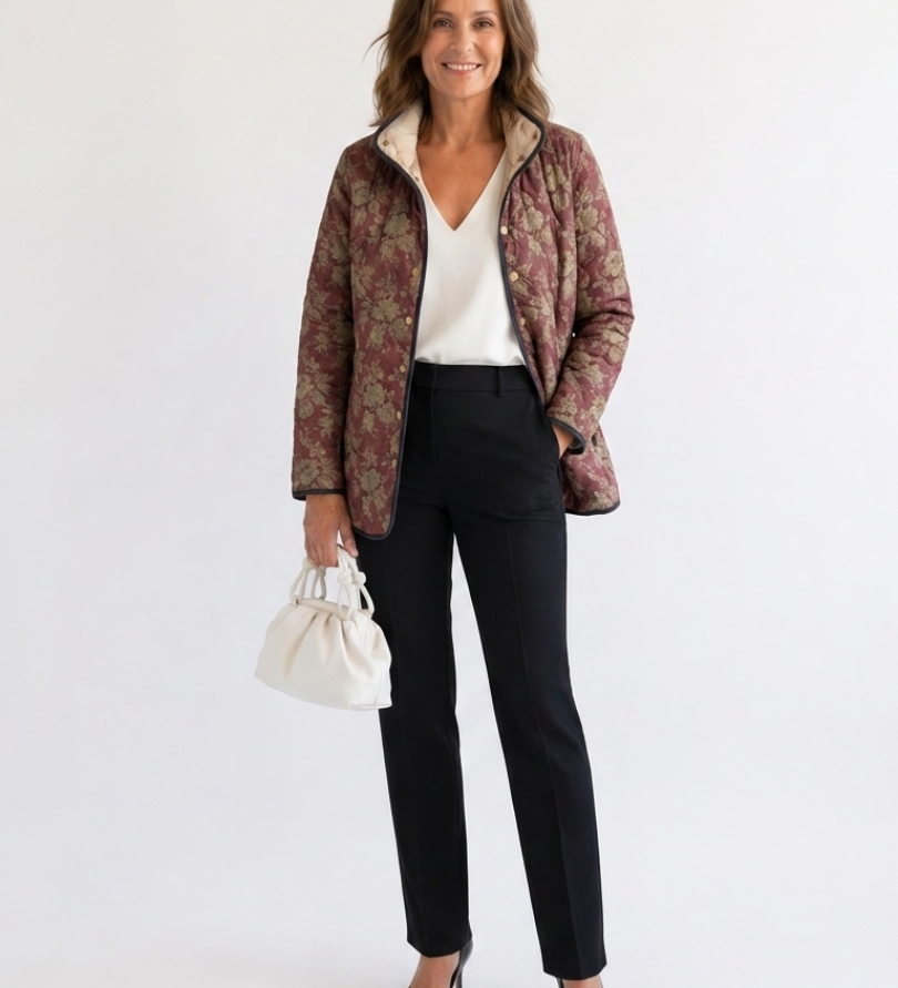Sophie | Gesteppte Jacke mit violettem Karomuster – Violett und Gold