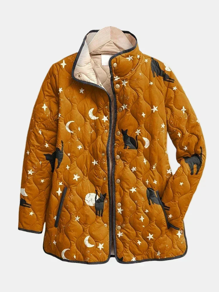 Nicole | Gesteppte Jacke mit Katzen und Sternen – Ocker mit Sternen