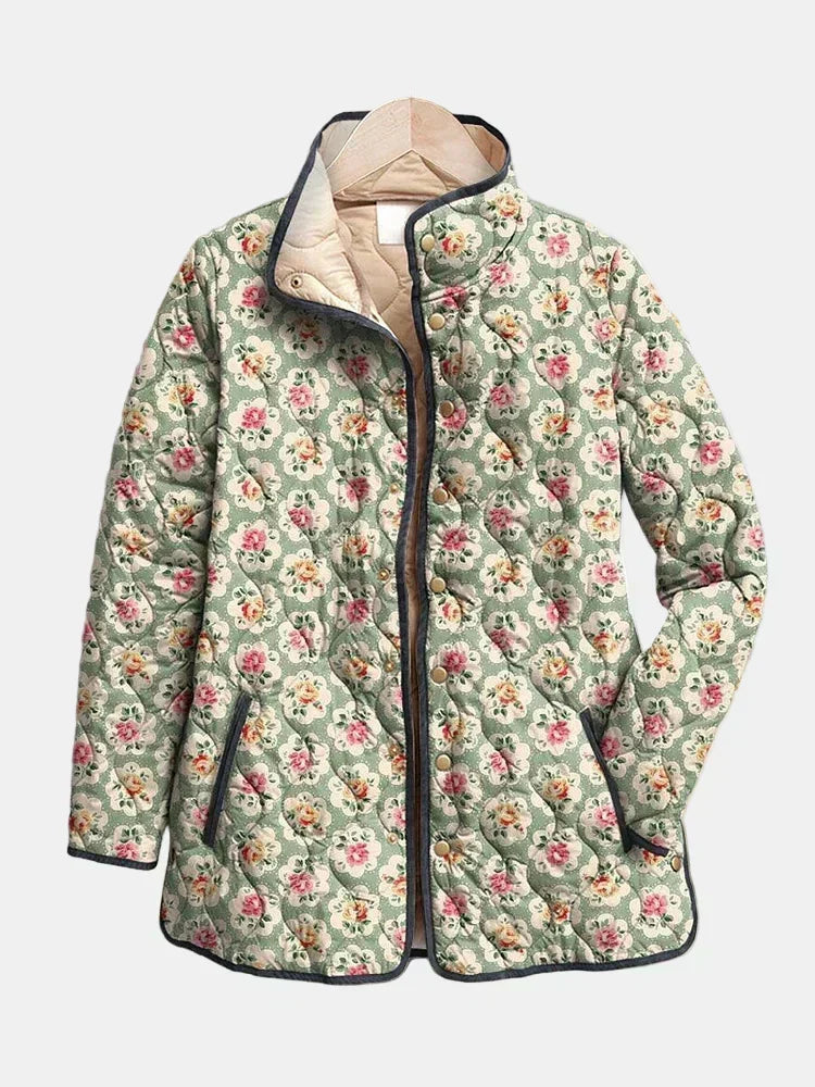 Amélie | Gesteppte Jacke mit Blumenmuster – Mandelgrün mit Blumen