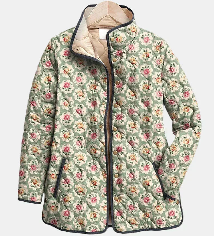 Amélie | Gesteppte Jacke mit Blumenmuster – Mandelgrün mit Blumen