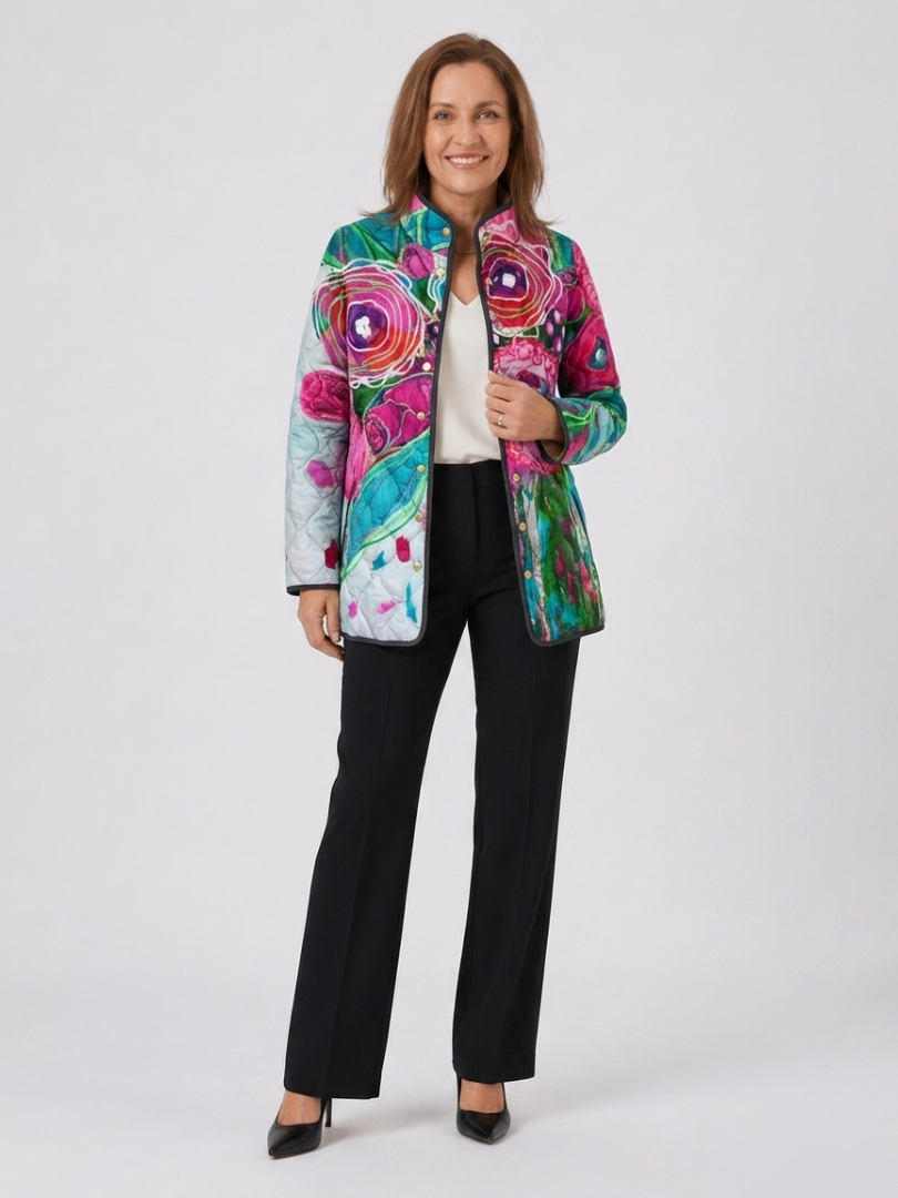 Lucie | Gesteppte Jacke mit Aquarellblumen – Mehrfarbiges Aquarell