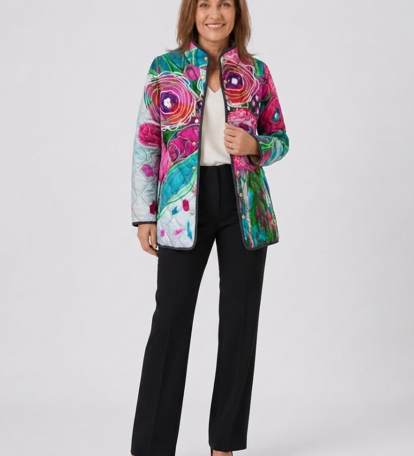 Lucie | Gesteppte Jacke mit Aquarellblumen – Mehrfarbiges Aquarell