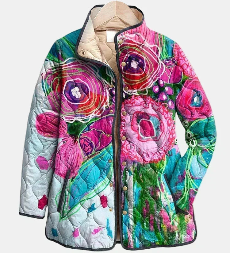 Lucie | Gesteppte Jacke mit Aquarellblumen – Mehrfarbiges Aquarell