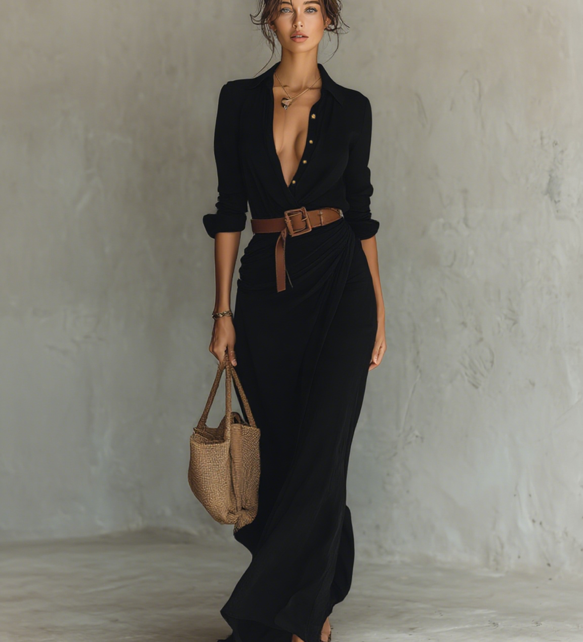 Matilda – Long Maxi Kleid with Lapel Collar and Belt
