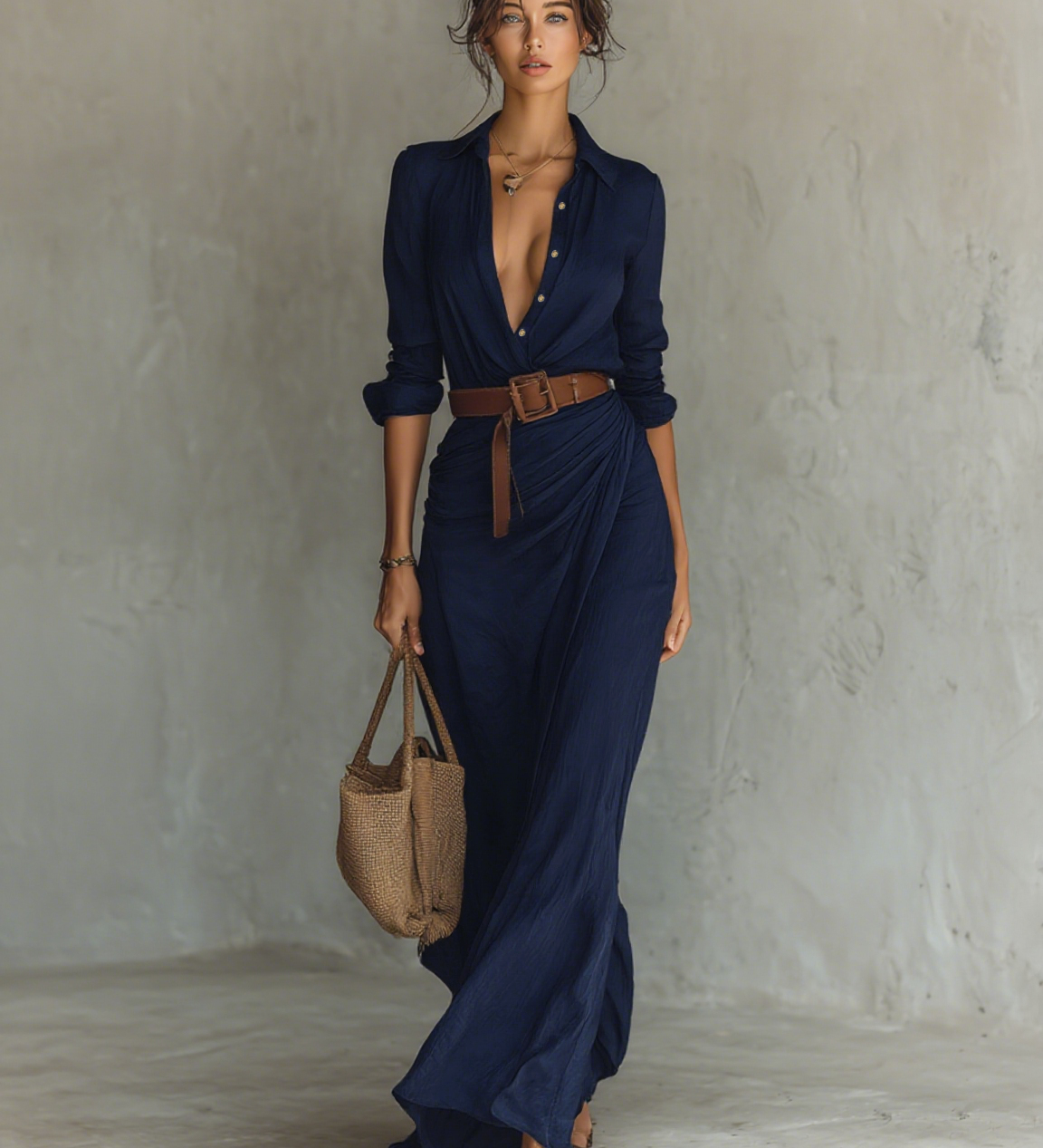 Matilda – Long Maxi Kleid with Lapel Collar and Belt