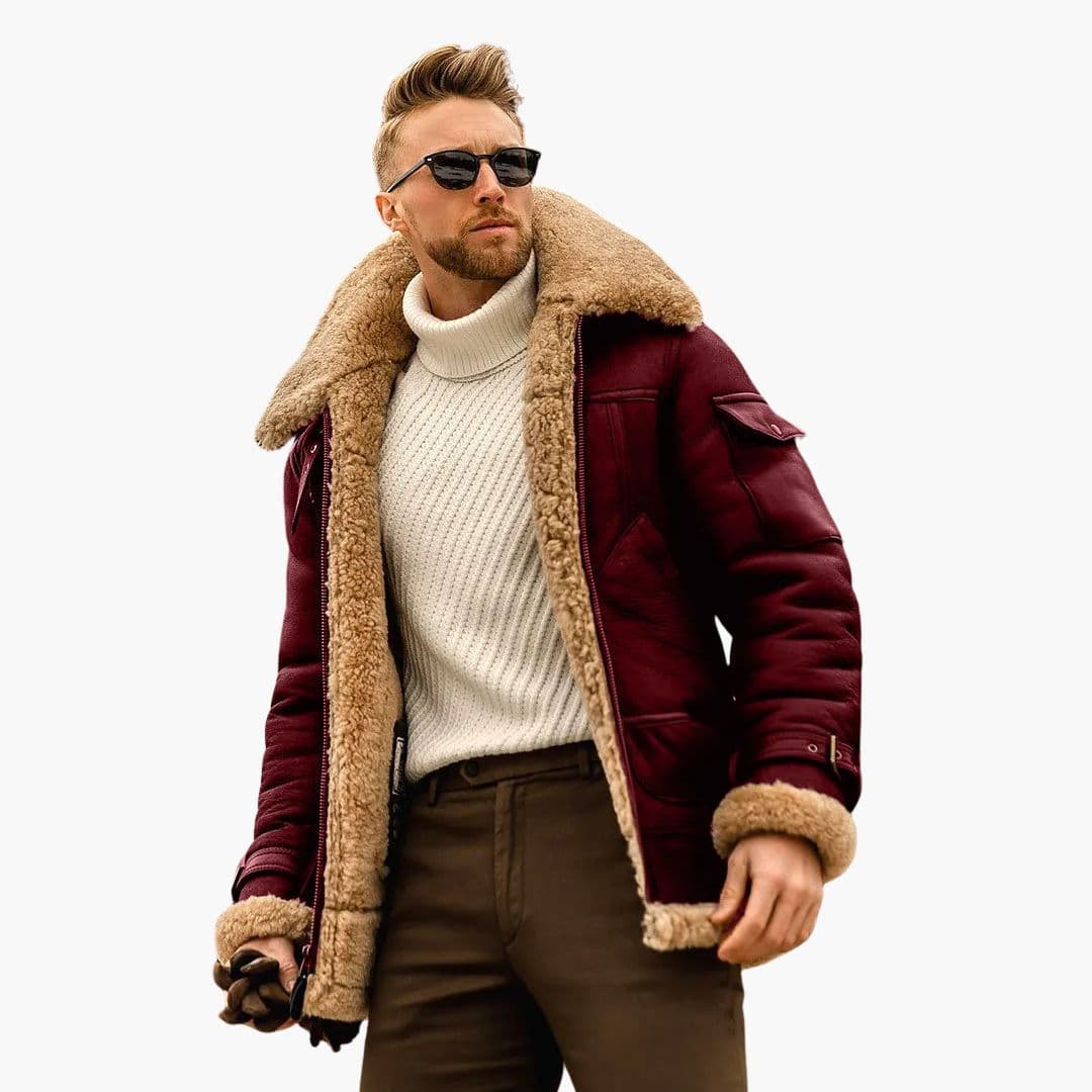 Men's Aviator Jacke with Synthetic Sheepskin Collar
