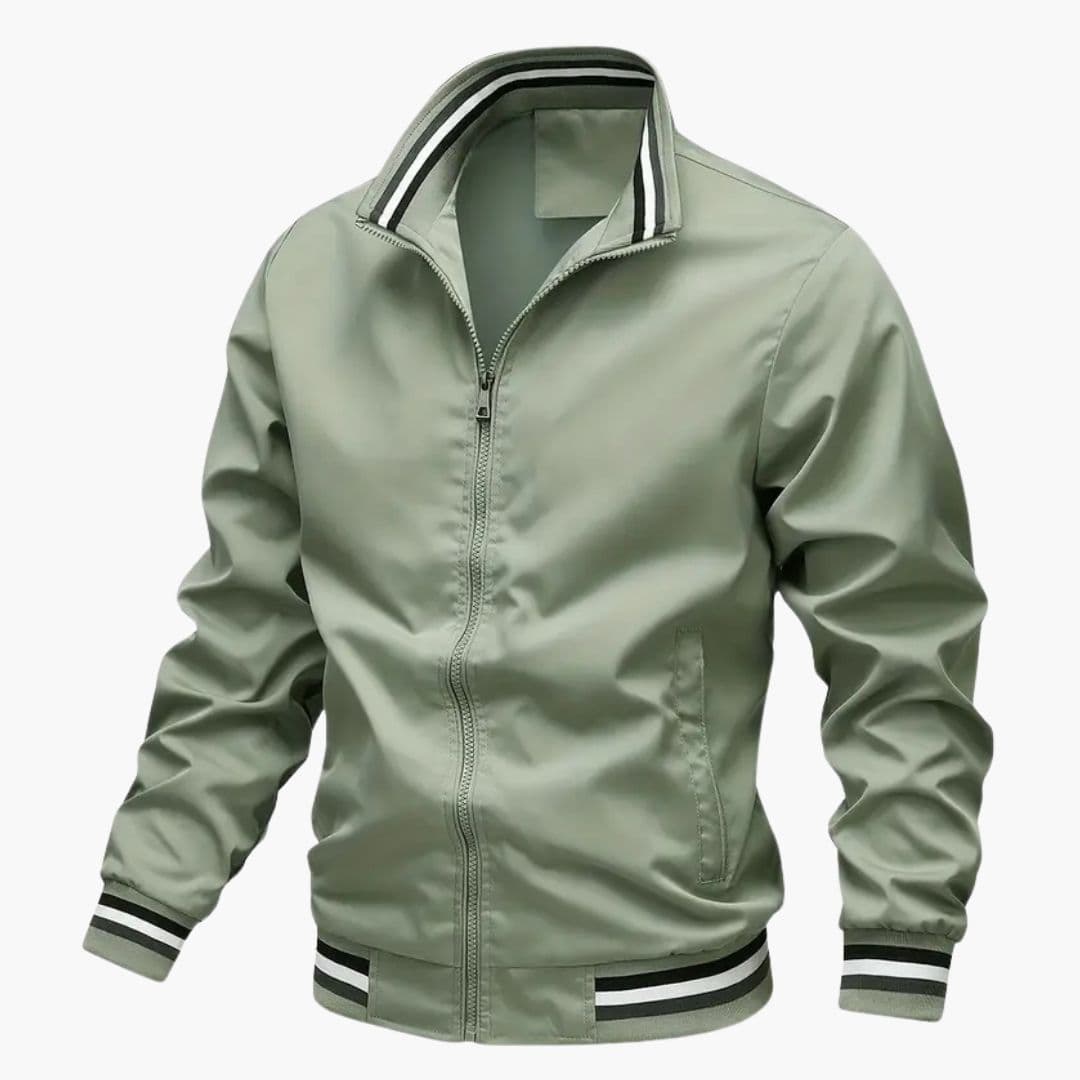 Men's Bomber Jacke with Striped Collar and Ribbed Hem