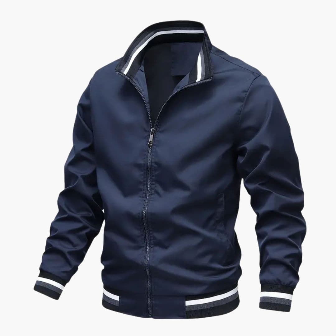 Men's Bomber Jacke with Striped Collar and Ribbed Hem