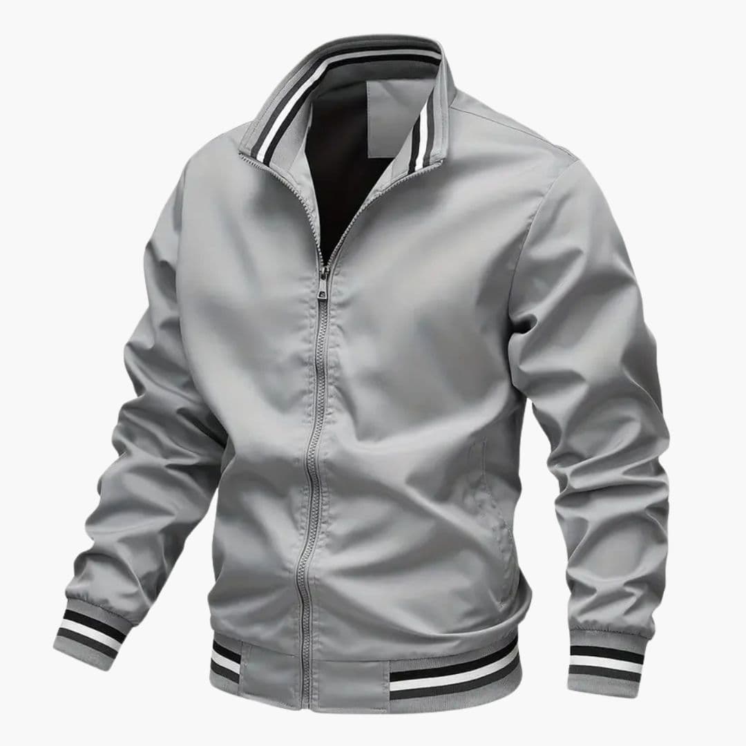 Men's Bomber Jacke with Striped Collar and Ribbed Hem