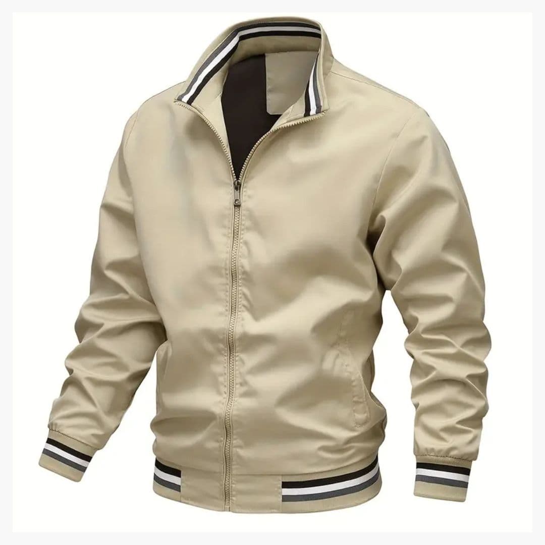 Men's Bomber Jacke with Striped Collar and Ribbed Hem
