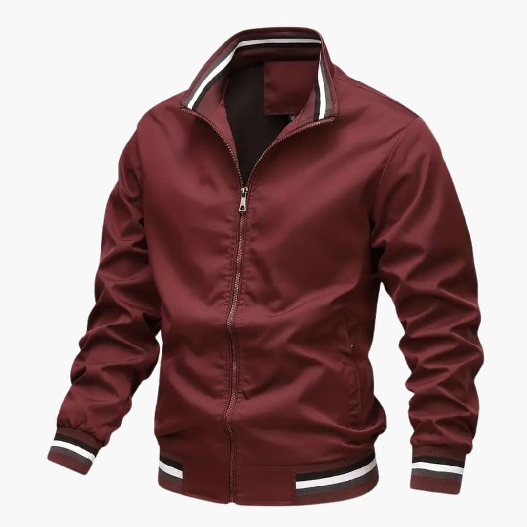 Men's Bomber Jacke with Striped Collar and Ribbed Hem