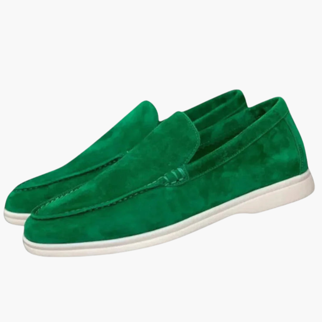 Slip-on men's moccasins with suede upper and white sole