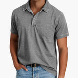 Men's short-sleeve polo with V-neck and discreet buttons