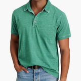 Men's short-sleeve polo with V-neck and discreet buttons
