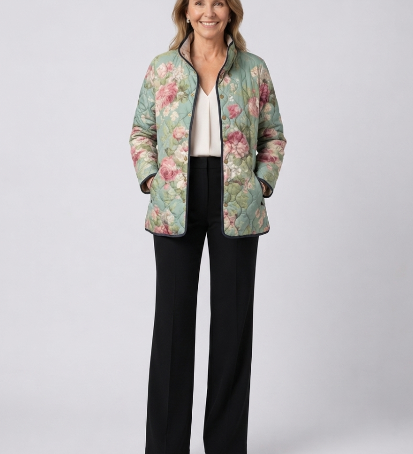 Clara | Gesteppte Jacke mit Vintage-Rosen – Salbeigrün mit Blumen