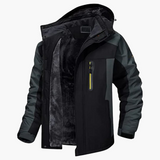 Men's outer Jacke with hood and front zipper closure