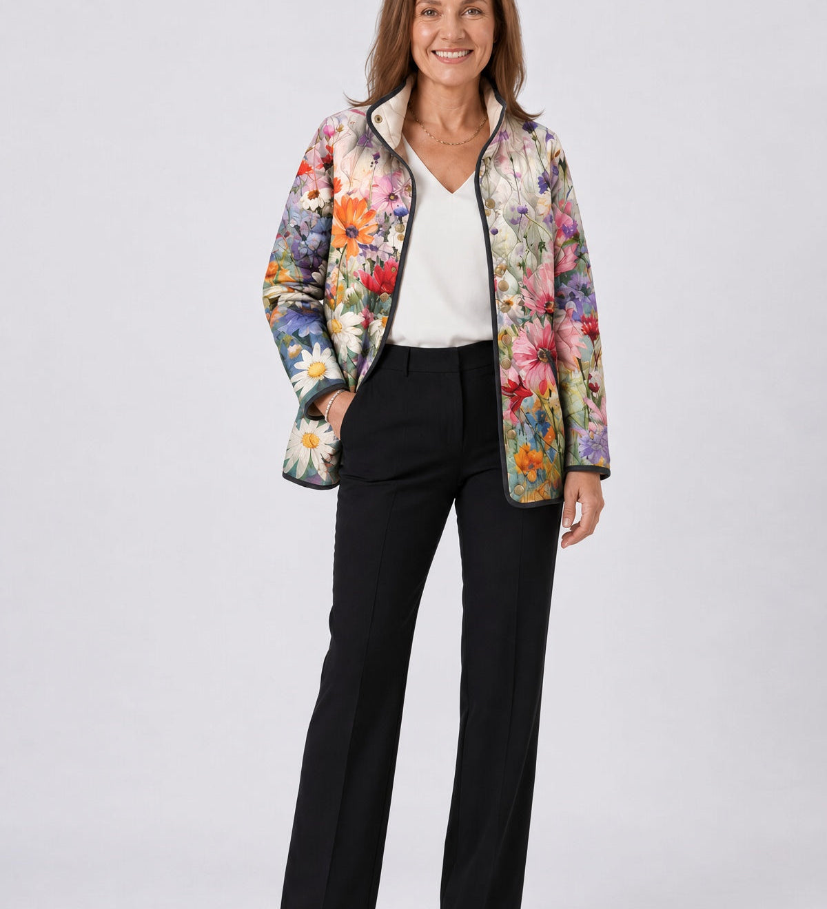 Gesteppte Jacke mit Wiesenblumen – Mehrfarbig